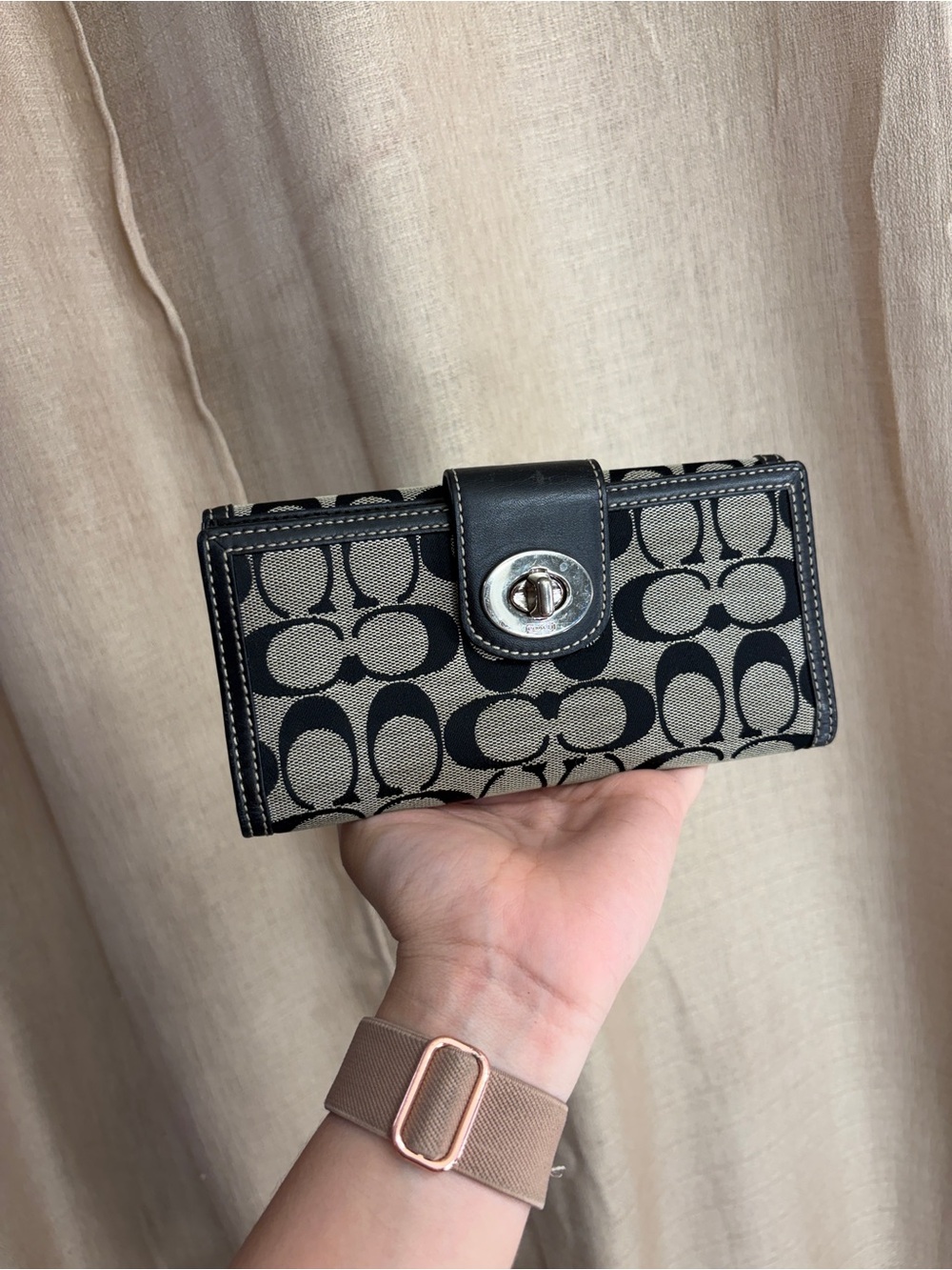 Coach Designer-Style Black and Beige Signature Print Wallet
